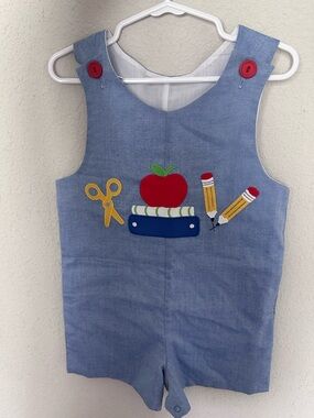 Kelly's Kids Blue School Applique Romper with Red Buttons